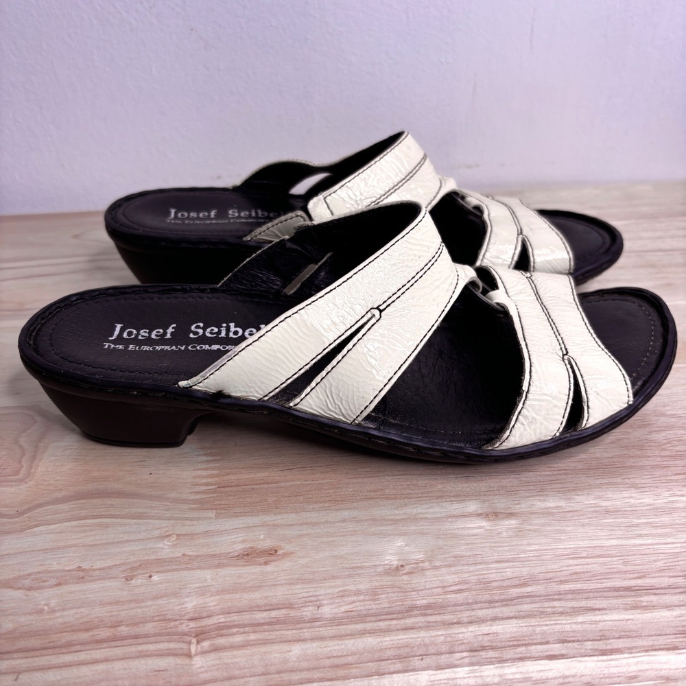 Josef Seibel Sandals Womens 8.5 Ivory Leather Slide Low Wedge Mules Comfort